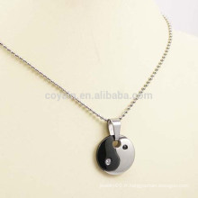 Black Silver Two Tone Round Stainless Steel Yin Yang Collier Avec Diamant